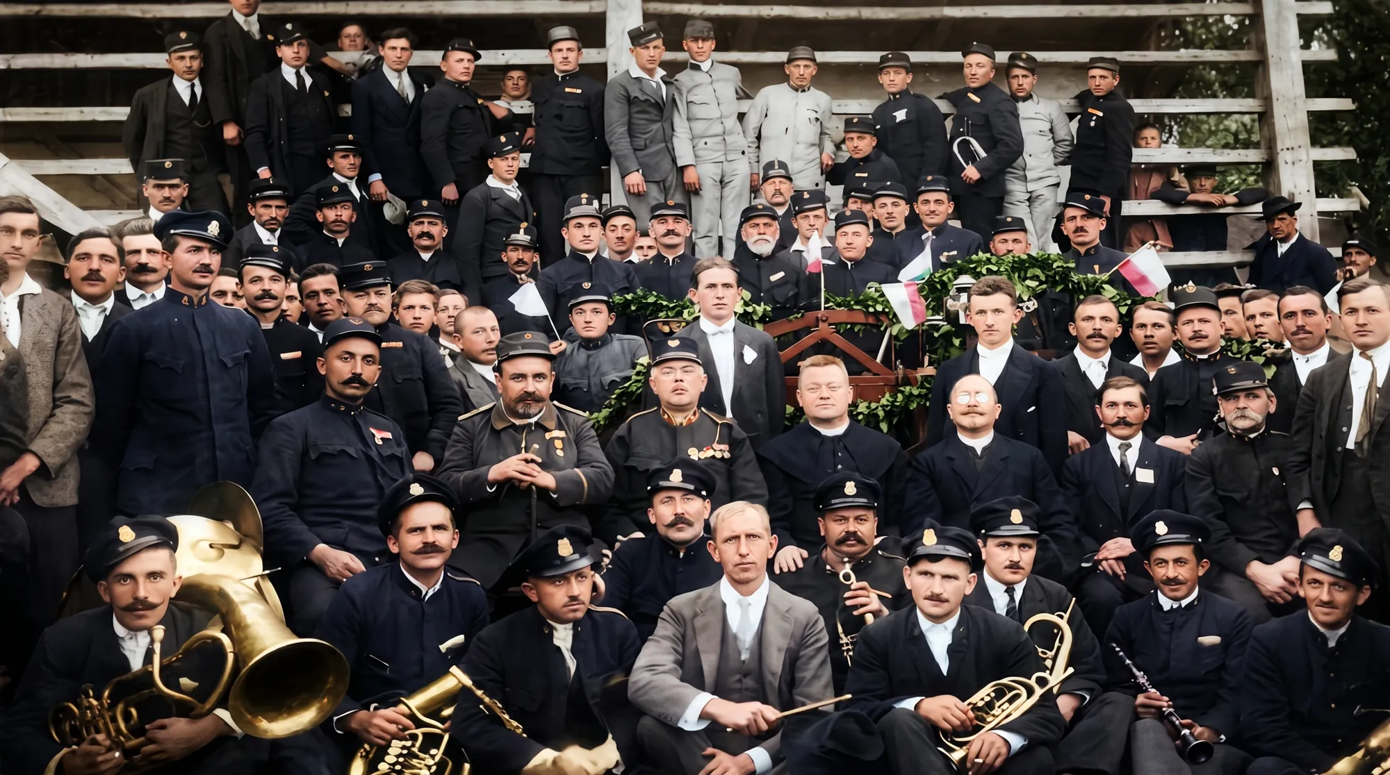 Barvno restavrirana fotografija prevzema ročne brizgalne 17. septembra 1922, gasilci in godba